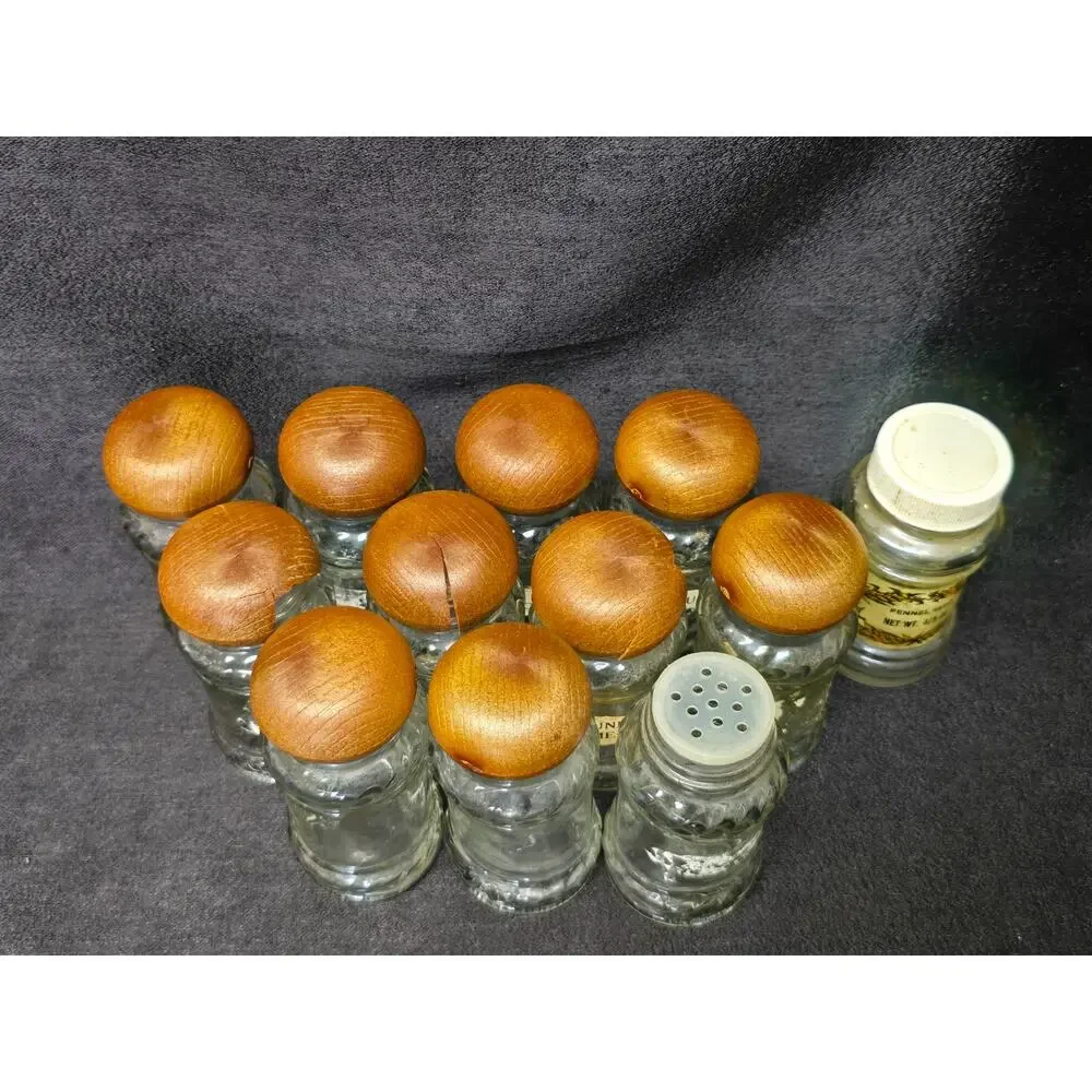 Vintage Glass Spice Bottles Shaker Jars With Faux Wood Lids Lot Of 12